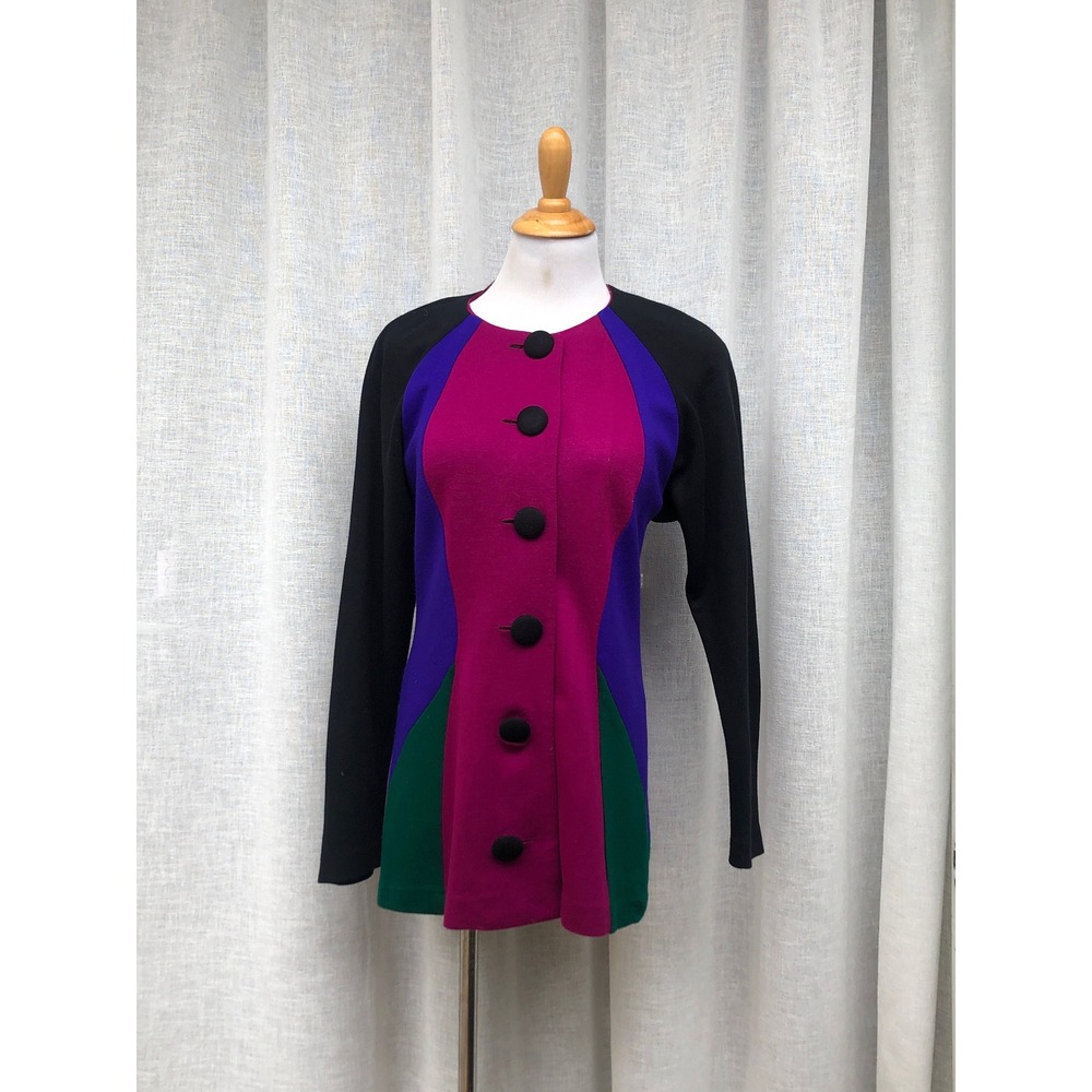 Vintage l. magnin color block fuchsia green purple crew neck blazer button down